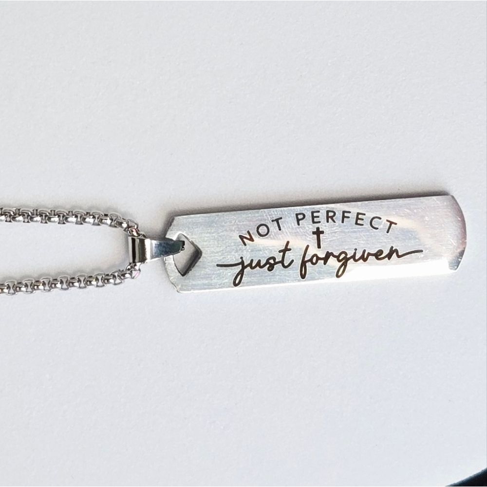 Faith Dog Tag Necklace Stainless Steel “Not Perfect Just Forgiven” Cross Pendant